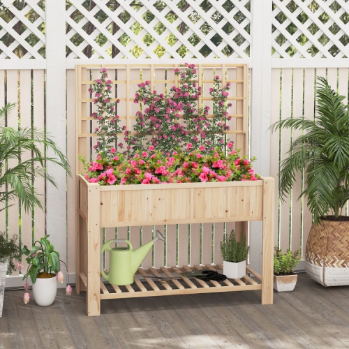 Elevated Wooden Planter Box with Trellis for Climbing Plants