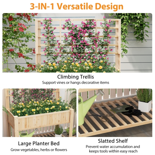 Elevated Wooden Planter Box with Trellis for Climbing Plants