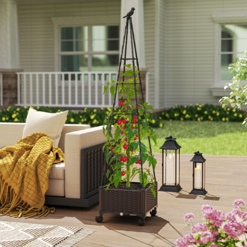 Adjustable Wooden Planter Box with Trellis and Lockable Wheel Garden Bed
