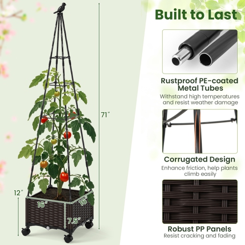 Adjustable Wooden Planter Box with Trellis and Lockable Wheel Garden Bed
