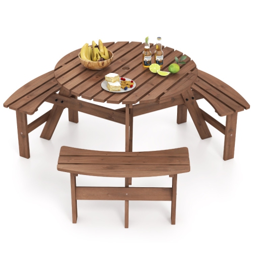 SLICKBLUE  6-Seat Round Picnic Table With Built-In Benches And Umbrella Hole