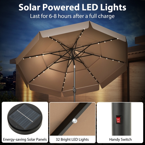 Patio Umbrella with Solar Power and 3-Tier Vent for Outdoor Shade