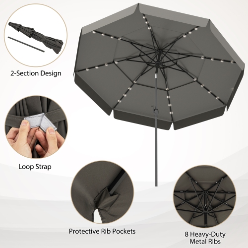 Patio Umbrella with Solar Power and 3-Tier Vent for Outdoor Shade