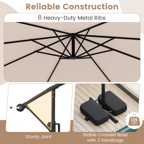 Parasol solaire suspendu d'extérieur avec base et lampes LED intégrées