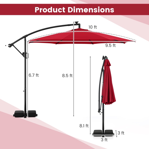 Parasol solaire suspendu d'extérieur avec base et lampes LED intégrées