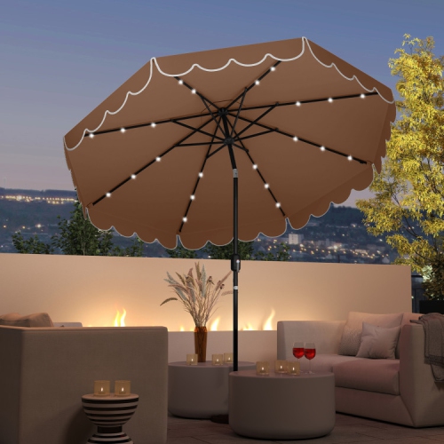 Outdoor Solar Umbrella with LED Lights, Vented Top, and Decorative Edge