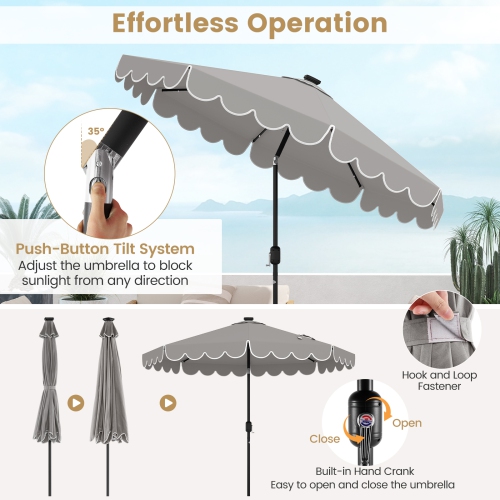 Outdoor Solar Umbrella with LED Lights, Vented Top, and Decorative Edge