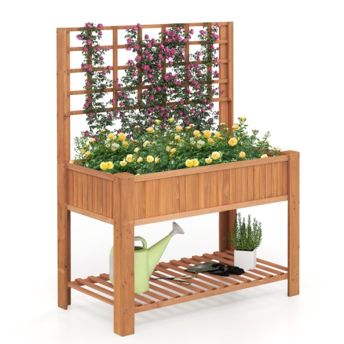 Elevated Wooden Planter Box with Trellis for Climbing Plants