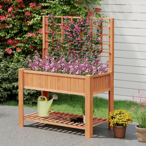 Elevated Wooden Planter Box with Trellis for Climbing Plants
