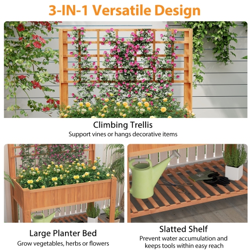 Elevated Wooden Planter Box with Trellis for Climbing Plants