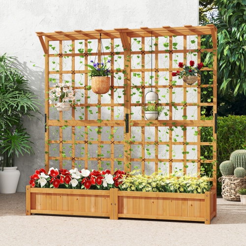 71-Inch Wooden Planter with Trellis and Hanging Top for Climbing Plants
