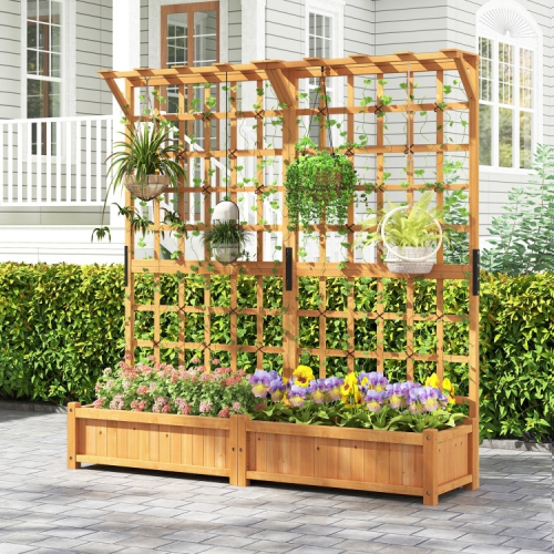 71-Inch Wooden Planter with Trellis and Hanging Top for Climbing Plants