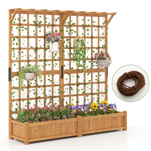 71-Inch Wooden Planter with Trellis and Hanging Top for Climbing Plants