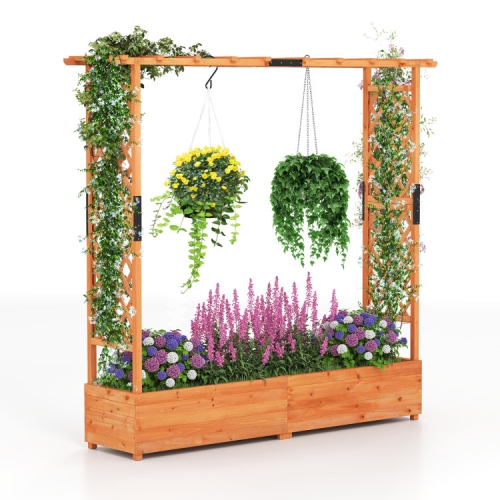 Elevated Wooden Planter with Arch Trellis and Decorative Hanging Roof