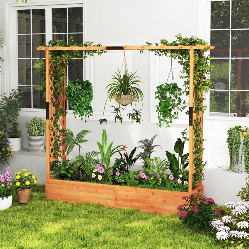 Elevated Wooden Planter with Arch Trellis and Decorative Hanging Roof