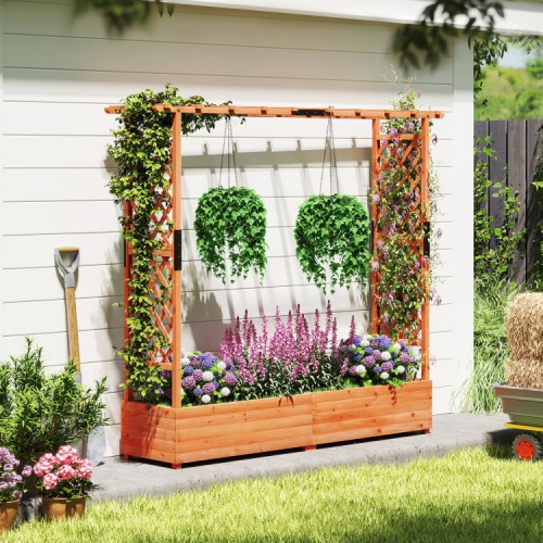 Elevated Wooden Planter with Arch Trellis and Decorative Hanging Roof