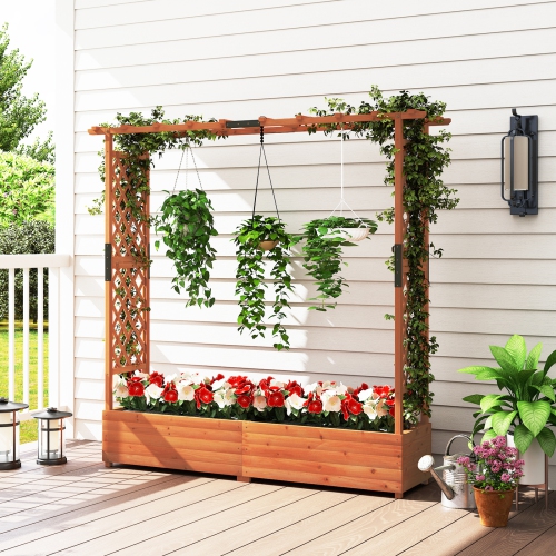 Elevated Wooden Planter with Arch Trellis and Decorative Hanging Roof