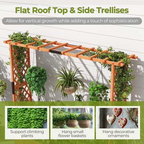 Elevated Wooden Planter with Arch Trellis and Decorative Hanging Roof