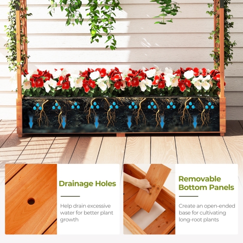 Elevated Wooden Planter with Arch Trellis and Decorative Hanging Roof