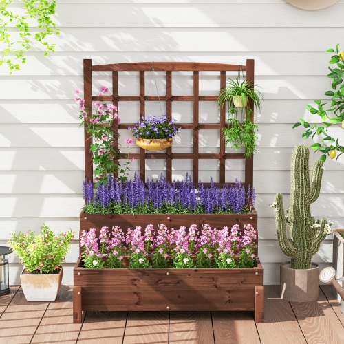 Raised Garden Bed with Trellis and Double-Tier Wooden Planter Box