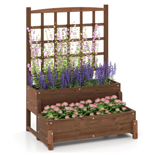 Raised Garden Bed with Trellis and Double-Tier Wooden Planter Box