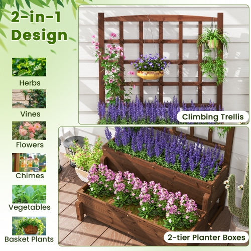 Raised Garden Bed with Trellis and Double-Tier Wooden Planter Box