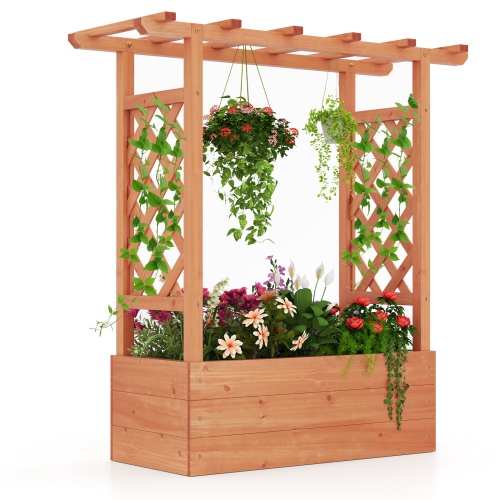 Wooden Elevated Planter with Trellis and Roof for Climbing Plants