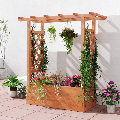Wooden Elevated Planter with Trellis and Roof for Climbing Plants