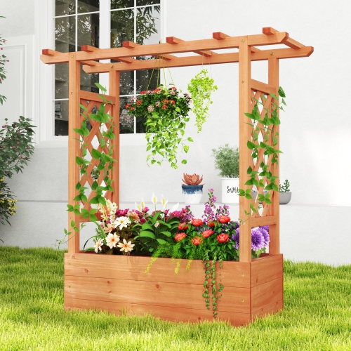 Wooden Elevated Planter with Trellis and Roof for Climbing Plants