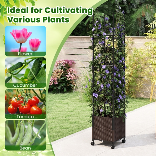 Jardinière surélevée à roulettes avec treillis, hauteur réglable et boîte à plantes