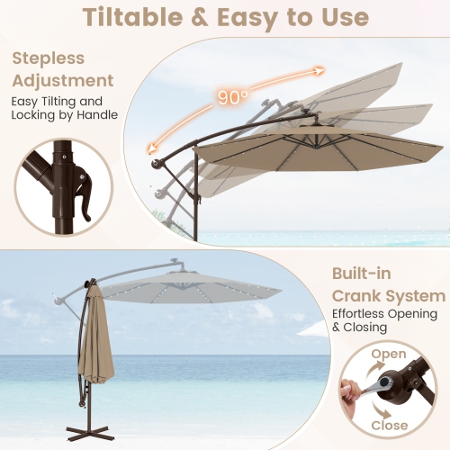 Parasol en porte-à-faux d'extérieur avec lampes LED intégrées et énergie solaire