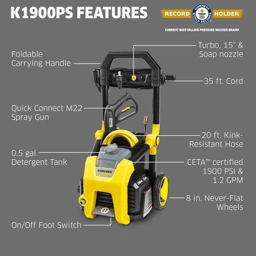 Kärcher Pressure Washer K1900PS, 3 Spray Nozzles, 0.5 gal Detergent Tank, For Cars, Driveways, Siding, Patios, 1.46 max. GPM