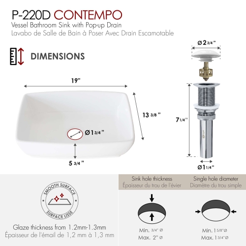 Stylish 19" Top-mount Rectangular Porcelain Vessel Bathroom Sink with Pop-Up Drain P-220D