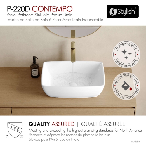 Stylish 19" Top-mount Rectangular Porcelain Vessel Bathroom Sink with Pop-Up Drain P-220D