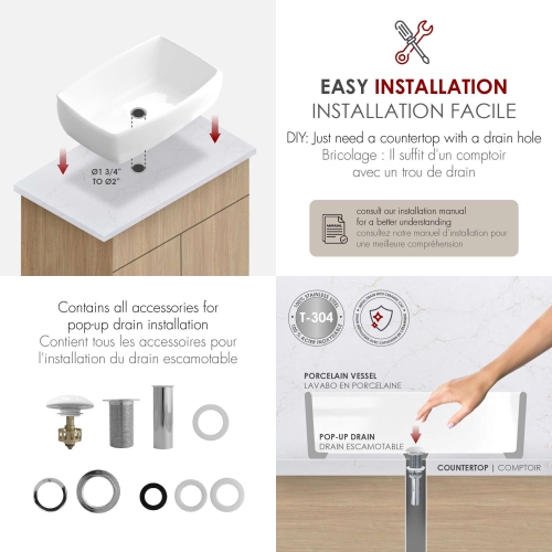 Stylish 19" Top-mount Rectangular Porcelain Vessel Bathroom Sink with Pop-Up Drain P-220D