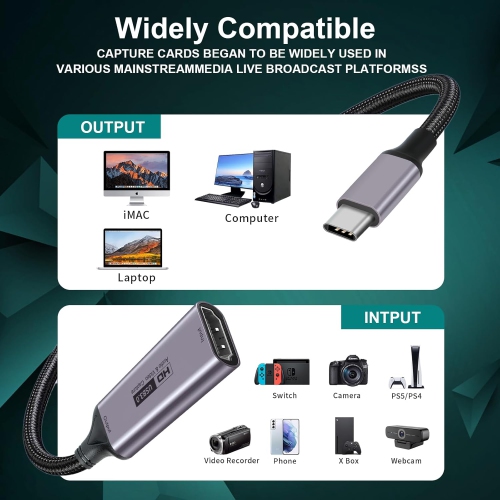 Fulfalic Video Capture Card, 4K HDMI to USB C 3.0 Capture Card, 1080P HD 60fps Live and Record Video Audio Grabber for Gaming, Streaming, Teaching,