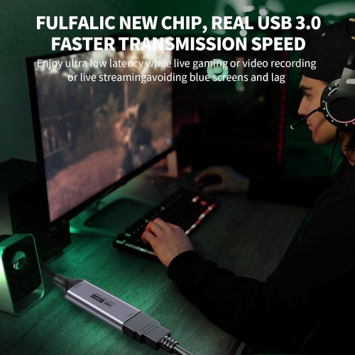 Fulfalic Video Capture Card, 4K HDMI to USB C 3.0 Capture Card, 1080P HD 60fps Live and Record Video Audio Grabber for Gaming, Streaming, Teaching,