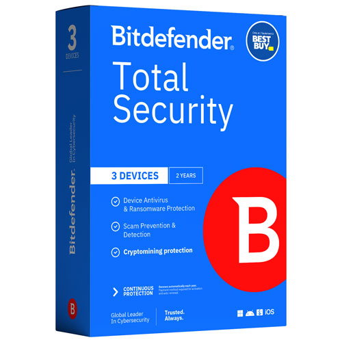 Bitdefender Total Security (PC/Mac/iOS/Android) - 3 appareils - 1 utilisateur - 2 ans - Exclusivité Best Buy