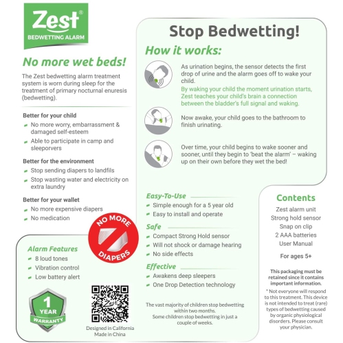 Zest Bedwetting Alarm with 8 Tones and Strong Vibration to Stop Bedwetting in Boys, Girls and Deep Sleepers