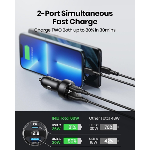 Chargeur pour l'auto USB C, chargeur pour l'auto 66&nbsp;W à chargement rapide total, mini 3&nbsp;A PD QC3.0 entièrement en métal, deux ports [USB C