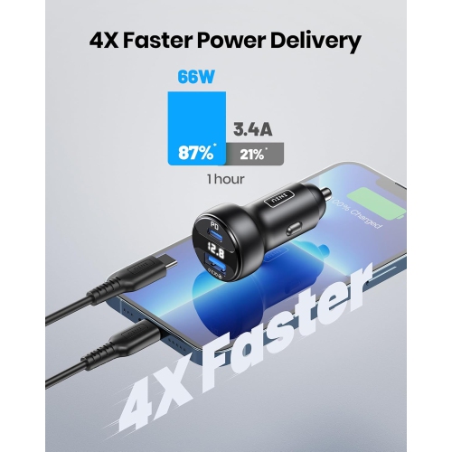 Chargeur pour l'auto USB C, chargeur pour l'auto 66&nbsp;W à chargement rapide total, mini 3&nbsp;A PD QC3.0 entièrement en métal, deux ports [USB C