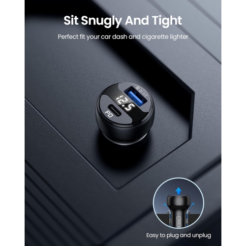 Chargeur pour l'auto USB C, chargeur pour l'auto 66&nbsp;W à chargement rapide total, mini 3&nbsp;A PD QC3.0 entièrement en métal, deux ports [USB C