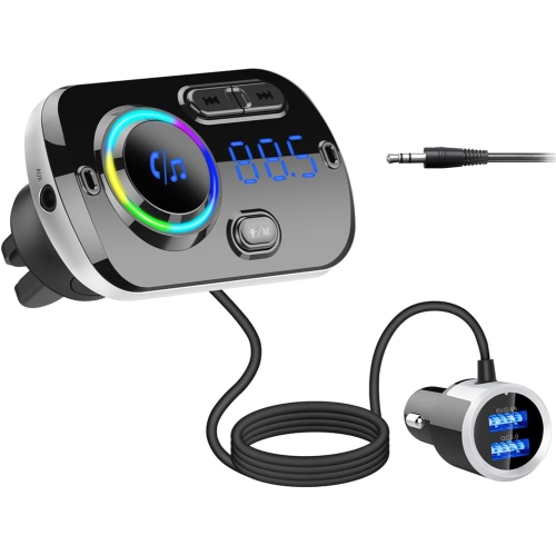 Émetteur FM Bluetooth pour l'auto, récepteur adaptateur radio pour l'auto Bluetooth 5,0 avec lumière à 7 couleurs, QC3.0/2.4&nbsp;A USB Car
