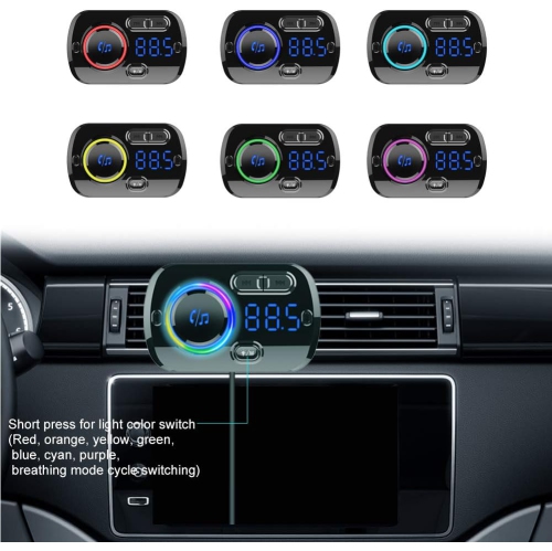 Émetteur FM Bluetooth pour l'auto, récepteur adaptateur radio pour l'auto Bluetooth 5,0 avec lumière à 7 couleurs, QC3.0/2.4&nbsp;A USB Car