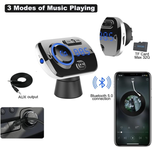 Émetteur FM Bluetooth pour l'auto, récepteur adaptateur radio pour l'auto Bluetooth 5,0 avec lumière à 7 couleurs, QC3.0/2.4&nbsp;A USB Car