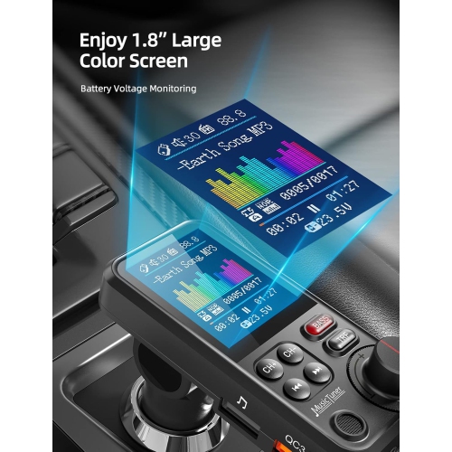 Car Bluetooth Transmitter, Strong Microphone Bluetooth Car Radio Adapter with 1.8" Color Screen for Hands Free