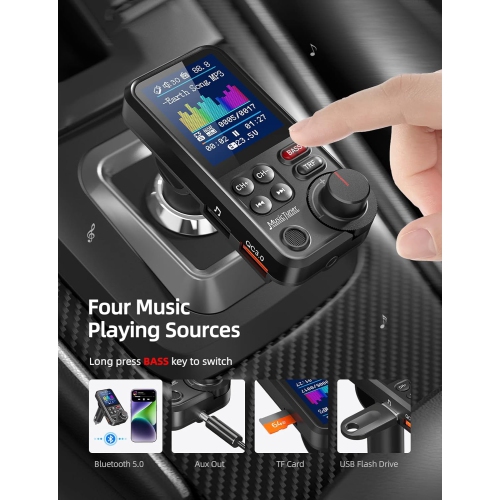 Car Bluetooth Transmitter, Strong Microphone Bluetooth Car Radio Adapter with 1.8" Color Screen for Hands Free