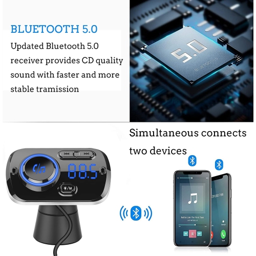 FM Transmitter Bluetooth 5.0 Hands-Free Car Kit with Quick Charge QC 3.0 Car Radio Adapter with Microphone CVC Noise