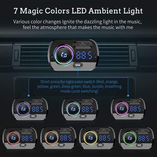 FM Transmitter Bluetooth 5.0 Hands-Free Car Kit with Quick Charge QC 3.0 Car Radio Adapter with Microphone CVC Noise