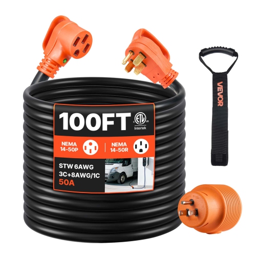 VEVOR 100 FT RV Extension Cord,50 Amp,125V 7500W Heavy Duty STW 6/3 + 8/1 Gauge Wire,NEMA 14-50P Male NEMA 14-50R Female Plug,with LED
